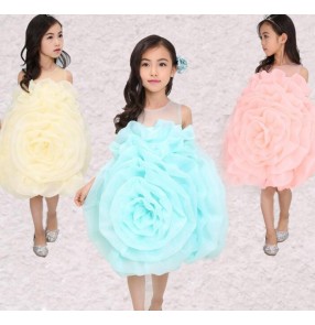 Light blue light yellow light pink rose flowers girls kids children toddlers modern dance party princess cos play school play dresses outfits costumes